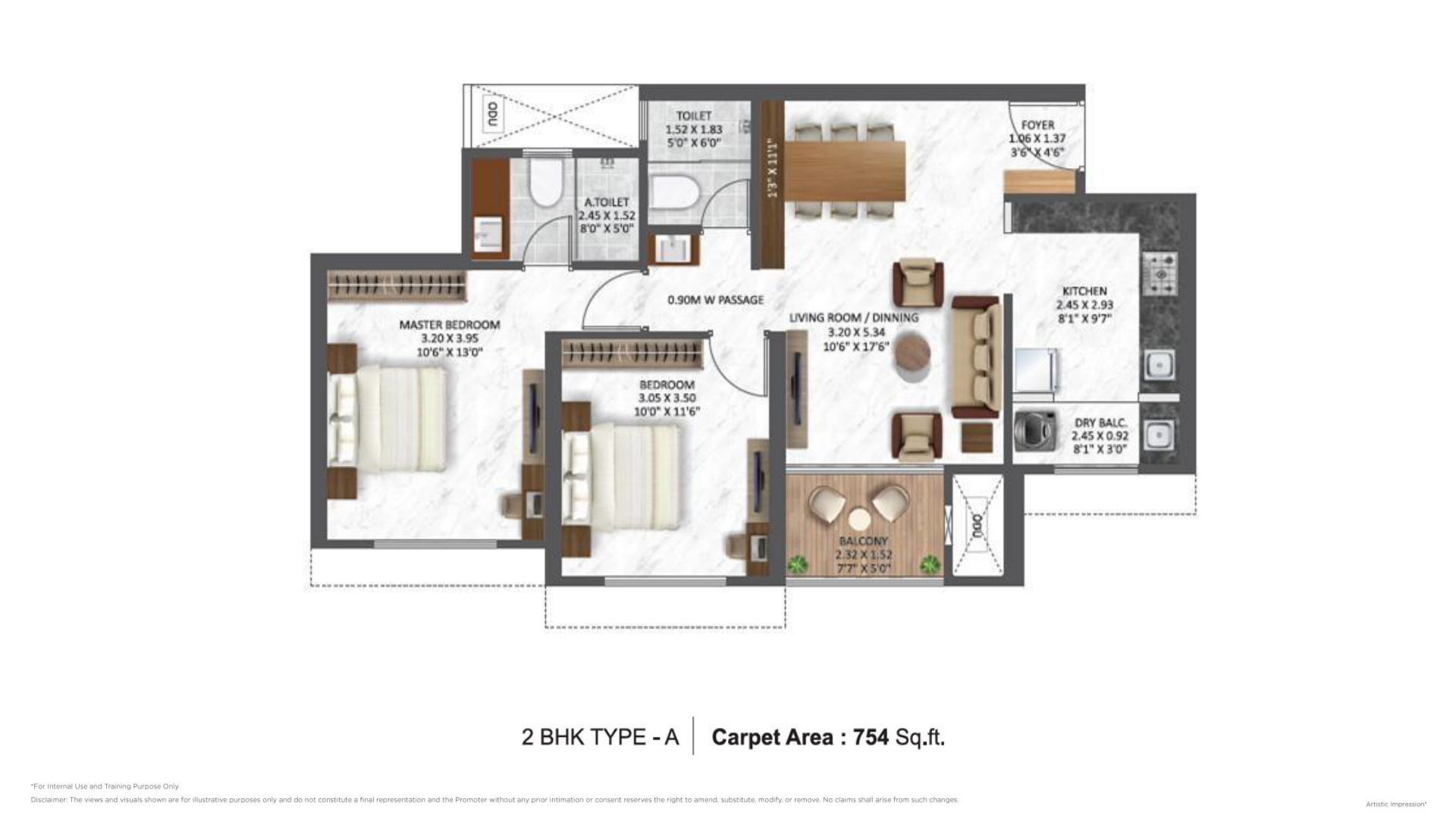 2 BHK floor plan 750 sqft