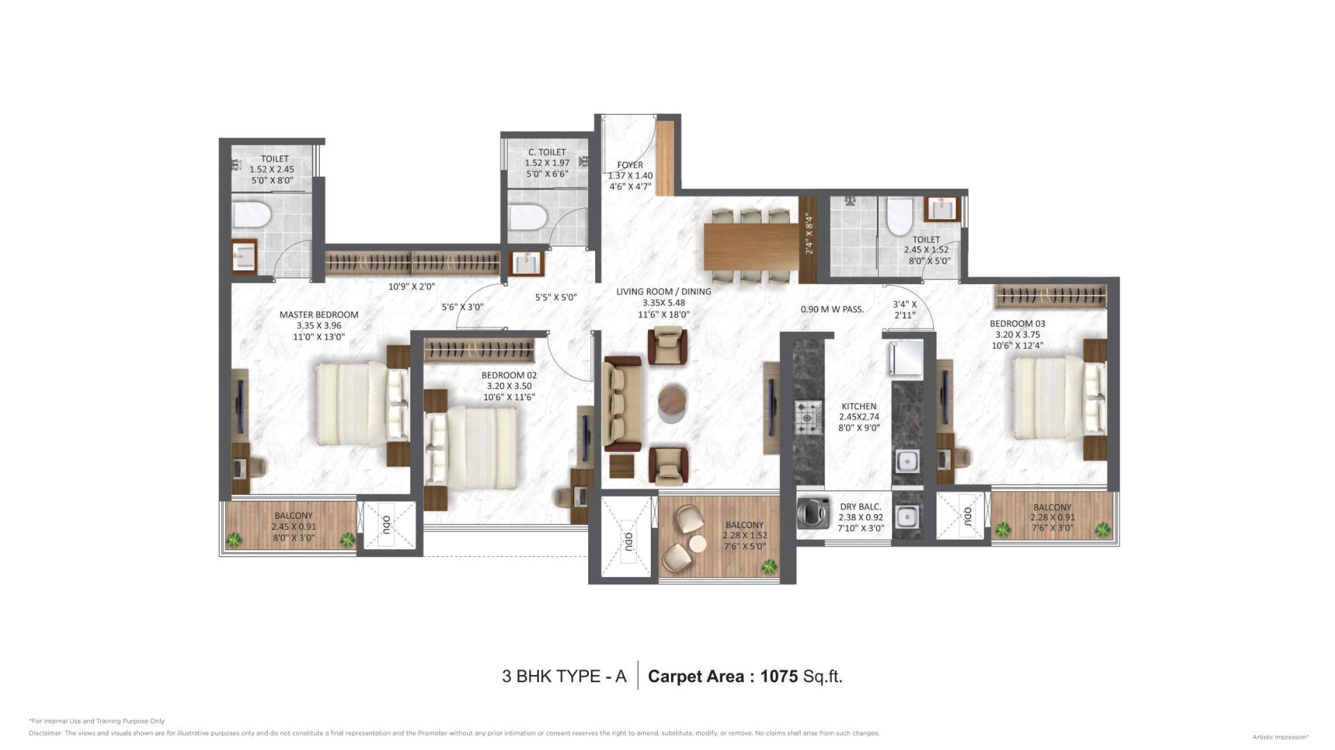 3 BHK floor plan 1075 sqft