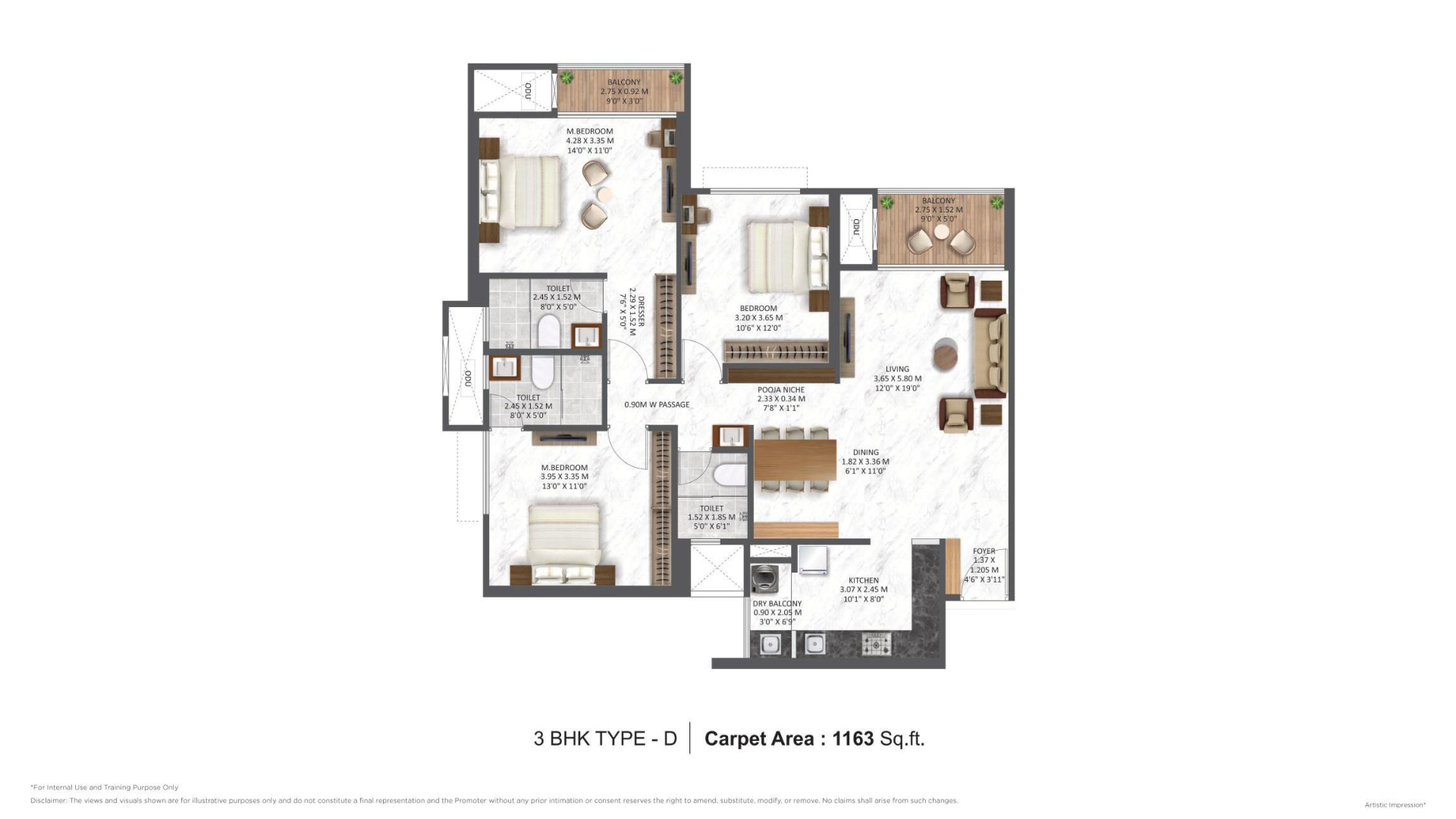 3 BHK Ultra floor plan 1165 sqft